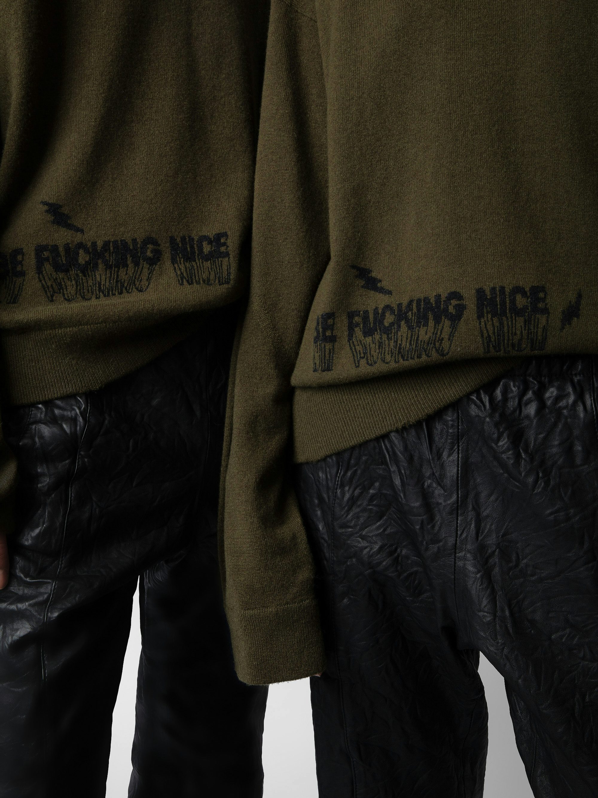 Marko Jumper - Khaki wool and cashmere long-sleeved jumper with graffiti motifs and slogans.